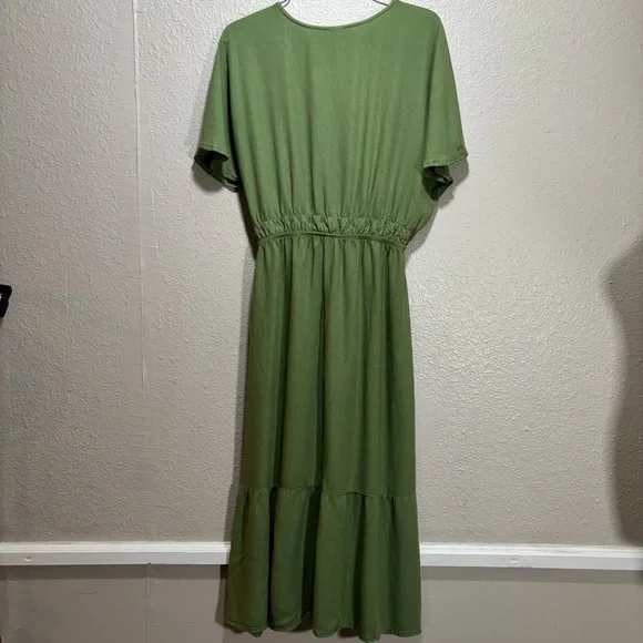 Hering Green Smocked V Neck Maxi Dress Size Medium Short Sleeve Prairie Cottage - Picture 7 of 11